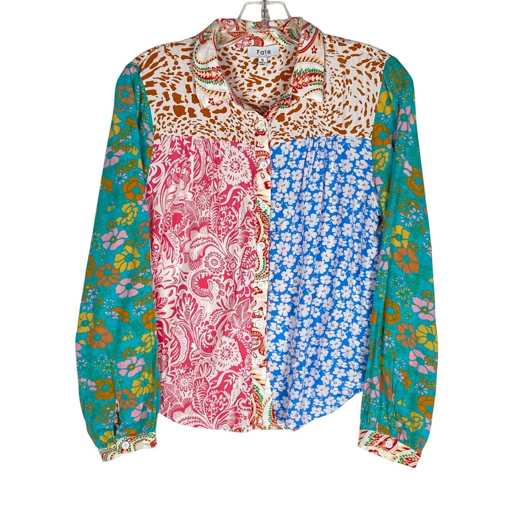 Fate Patchwork Mixed Print Button Blouse Up Womens S Hippie Boho Retro Eclectic